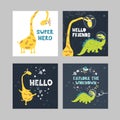 A series of postcards with cute dinosaurs, giraffes and inscriptions. Hand-drawn vector cartoons in the style of the space Royalty Free Stock Photo